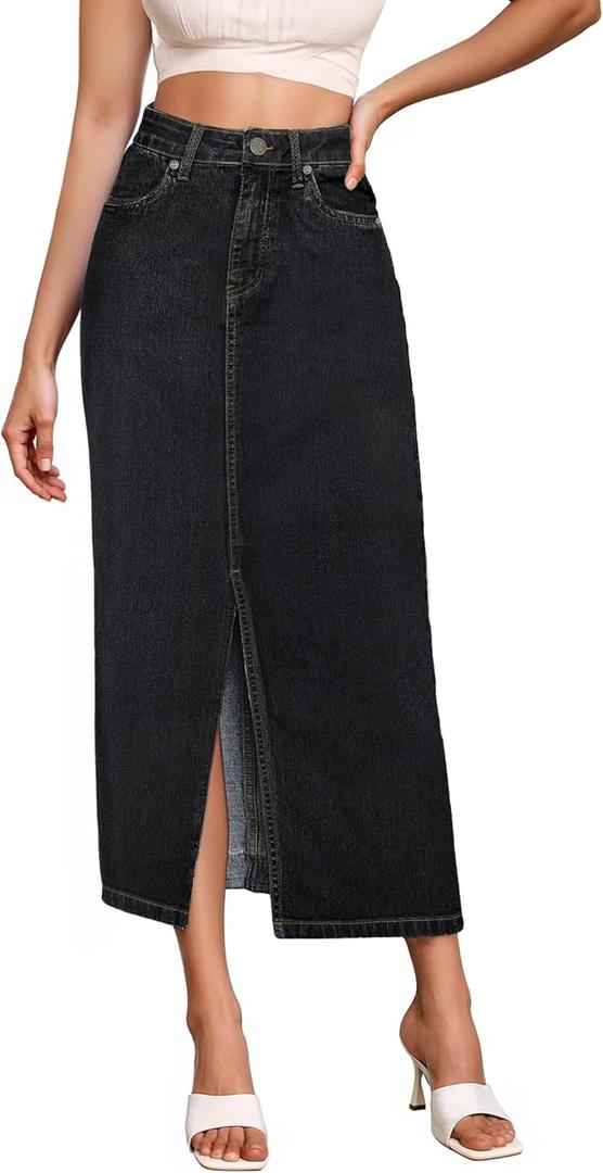 Hybrid & Company Women's Long Denim Skirt  Stretch Jean Skirt for Office and Casual Wear (6, Black)