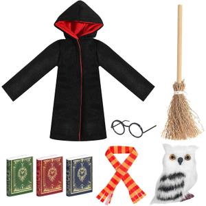 8 Pcs Christmas Elf Doll Clothes Accessories Wizard Elf Doll Costume Includes Wizard Robe Broom Scarf Mini Glasses Mini Book and Owl for Christmas Halloween Elf Clothing Dress up Accessories Supplies