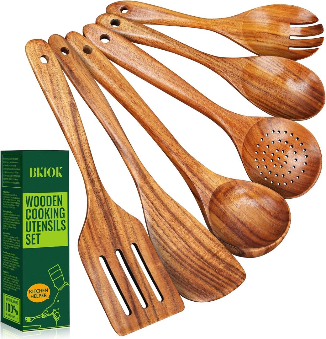 6 Pcs Wooden Cooking Spoons Set  Natural Teak Wood, Safe for Nonstick Cookware & Healthy Kitchen Utensils
