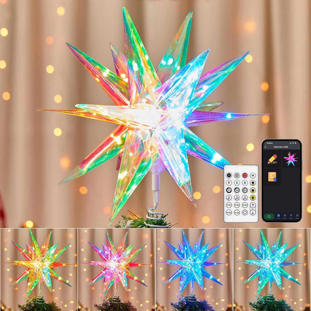 Christmas Star Tree Topper, 13.7" Static Dynamic Lighted MoravianStar Built-in 36 Bulbs, RGB Color Changing Topper W/ App Control USB Powered Xmas Tree Topper Music Sync Tree Top for Christmas