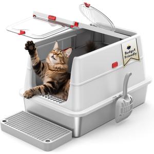 Stainless Steel Litter Box: Enclosed Cat Litter Box with Flip Lid Self Cleaning and High Sided Top Entry Design, XL Extra Large Metal Kitty Litter Pan Tray for Big Cats, Built-in Carbon Filter Pouch (Pale Grey)