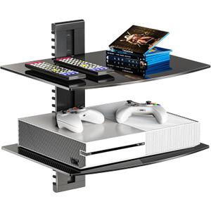 WALI Floating TV Shelf, 2 Tier Glass Projector Shelf for DVD Players, Routers, Game Consoles, Cable Boxes, Living Room Decor, Wall Mount Shelves Hold Up to 17.6lbs (CS202B), 2Shelf, Black