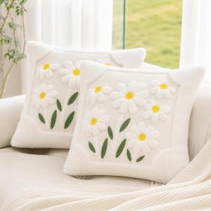 Spring Summer Pillow Covers 18x18 inch Set of 2, White Daisy Garden Floral Sunflower Pillow Cases, Soft Plush Faux Fur Jacquard Throw Pillows for Sofa Couch Holiday Spring Home Decor
