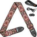 Amumu 2" Red Mandala Guitar Strap - Cotton Embroidered with Vegan Leather Ends - for Acoustic, Electric, Bass Guitars, Adjustable 37'' to 63"