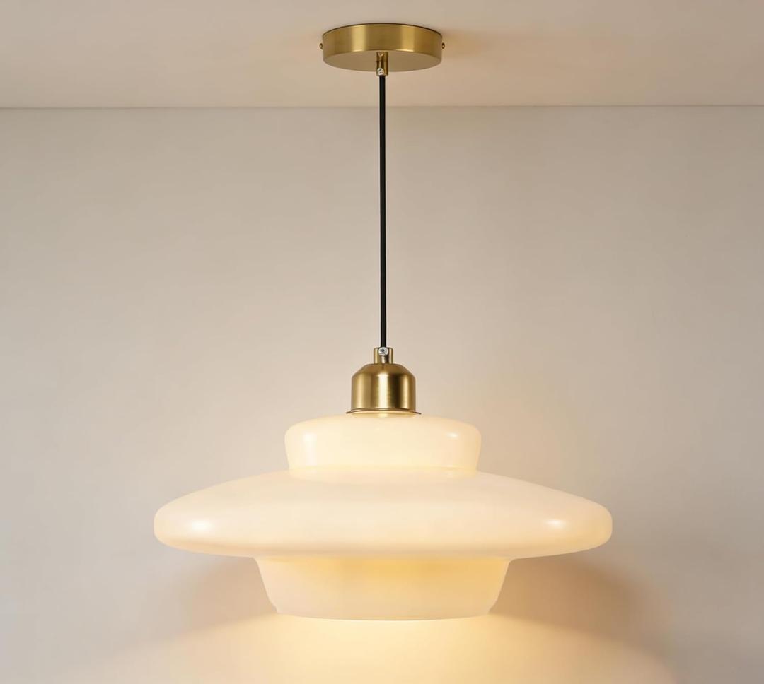Ceiling Pendant Light Milk Glass Hanging Lighting 1-Light E26 Base Over Table Light Fixtures White and Gold Pendant Lights for Kitchen Island Dining Room Hallway, Mid Century Lighting