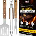 Professional Acacia Wood BBQ Tool Set (3 PCS) - Heavy Duty Stainless Steel Grill Accessories Kit with Spatula, Fork & Tongs - Durable Barbecue Utensils for Outdoor Cooking & Grilling