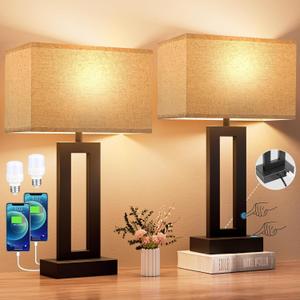 Seealle Bedroom Lamps for Night Stands - Touch Control, 3 Way Dimmable, USB C+A Charging, LED Bulbs, Easy Assembly (Medium(19.6in), A. Beige&Black)