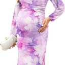 Mesh Ruched Maternity Dress Baby Shower Wedding Guest Pregnancy Shoot Fall Long Short Sleeves Square Neck (Large, Long Sleeves, Pink Purple Floral)