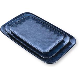 Vicrays Ceramic Rectangle Serving Platters - 14" 12" 10" Porcelain Serving Trays Plates for Party BBQ Appetizers Sushi Dessert - Microwave Oven and Dishwasher Safe - Set of 3 Blue
