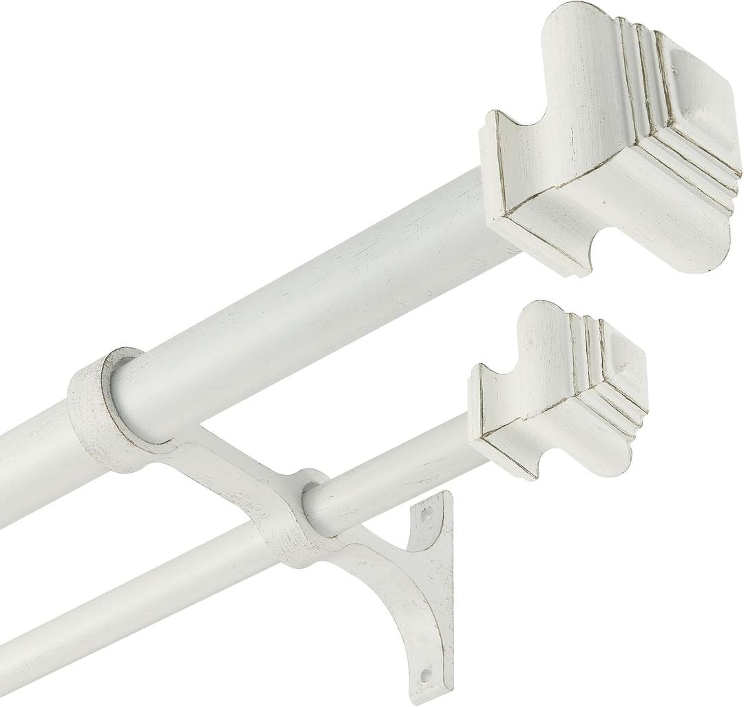 Double Curtain Rods for Windows 72 to 144 Inches, Heavy Duty Double Curtain Rod with Square Retro Finials and Double Aluminum Bracket, Adjustable Double Rod for Curtains,Antique White