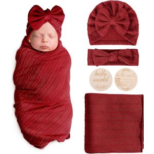 AQOKKA Newborn Receiving Blanket with Bow Hat Headband Wooden Card Set Wheat-Pattern Newborns Toddler Baby Boy Girl Nursery Swaddle Wrap