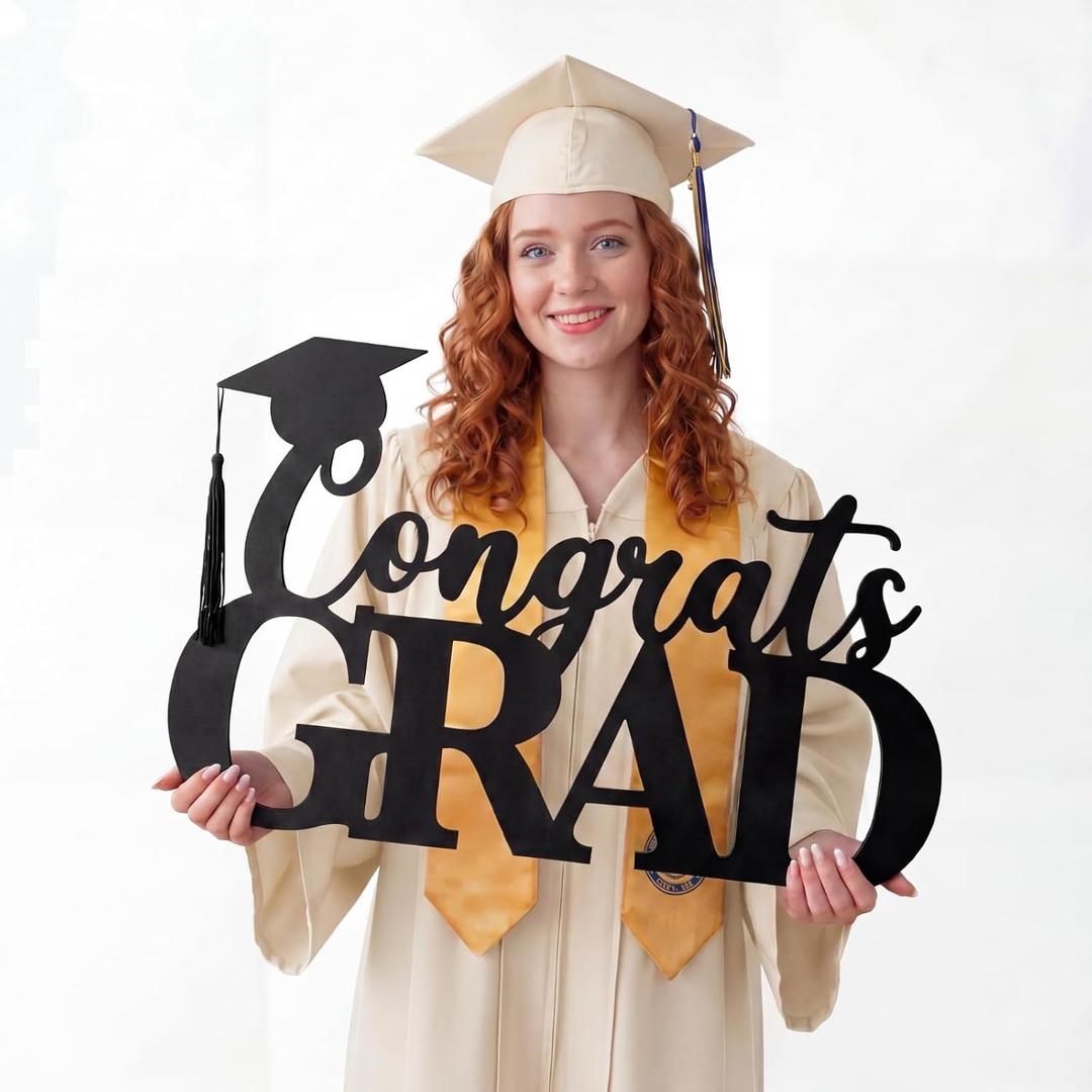 Yookeer 16.5 x 10.5 in Wooden Black Congrats Grad Sign Graduation Party Decorations 2026 Congratulations Graduation Sign Photo Props with Graduate Cap Cutout for Backdrop Wall College Party Supplies
