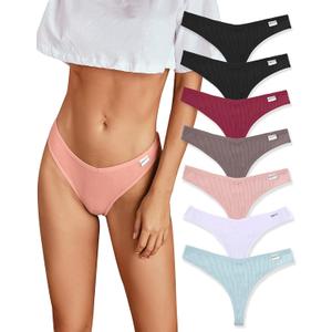 FINETOO 7 Pack Womens Thongs Underwear Cotton Breathable Low Rise Hipster Panties Sexy S-XL (Large)