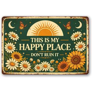 Vintage Metal Sign, Boho Wall Art, Inspirational Gifts for Women, This Is My Happy Place Don't Ruin It, Decor for Home Bedroom Living Room Cafe Indoor Outdoor 8x12 Inch