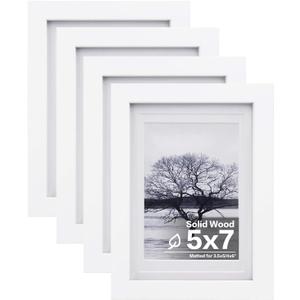 Egofine 5x7 Picture Frames Set of 4, Made of Solid Wood Covered by Plexiglass 3.5x5 and 4x6 with Mat or 5x7 without Mat, for Table Top Display and Wall Mounting Photo Frame White