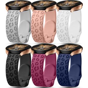 6Pack Engraved Band Compatible with Samsung Galaxy Watch 5 Band/Galaxy Watch 4 Bands/Galaxy Watch 3 Bands/Active 2 Watch Bands,20mm Leopard Silicone Sport Strap Replacement for Women Men (Small (5.5"-7.1"), Black,Wine Red,Navy,Grey,Sand Pink,White)