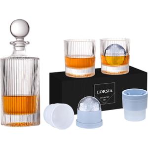 Whiskey Decanter Set with Gift Box - Includes 2 Crystal Bourbon Glasses and 2 Big Ice Ball Molds - Whiskey Glasses Set for Scotch, Cocktails, Rum, Cognac, Vodka - Unique Gift for Men
