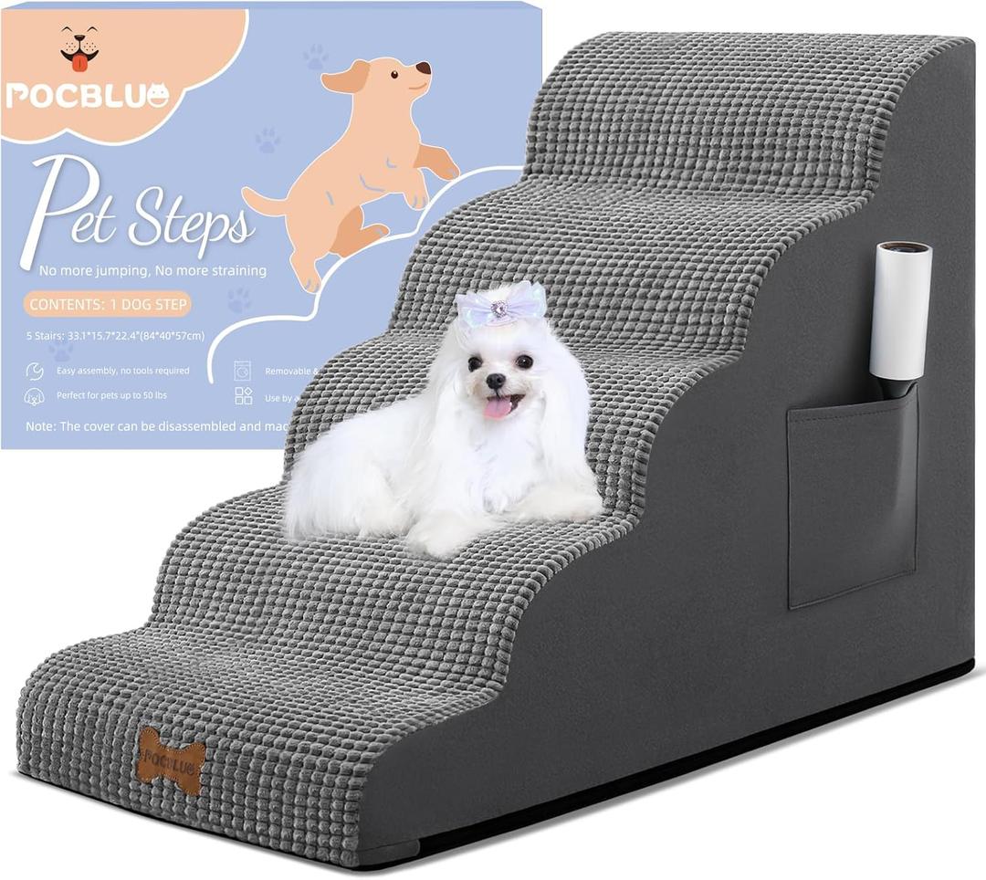 Dog Stairs for Small Dogs, Wide Pet Step with Removable Cover, No Assembly High Density Foam Cat Ramp for Bed or Sofa, 5-Step, Dark Grey (15.7x33.1x22.4in)