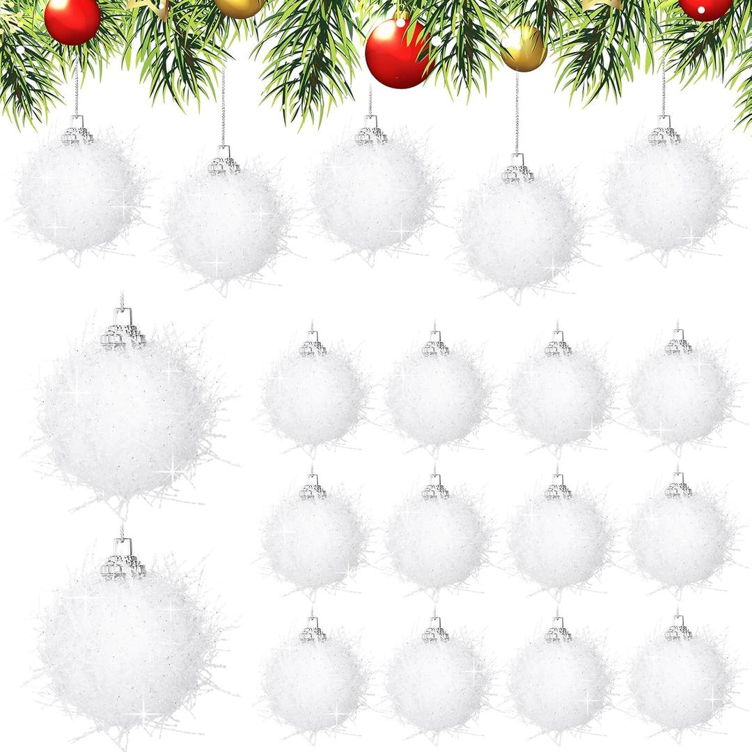 Civaner 18 Pcs Snowball Ornaments for Christmas Tree White Sparkly Fluffy Snow Glitter Christmas Ball Ornaments for Home Tree Xmas Farmhouse Holiday Decor