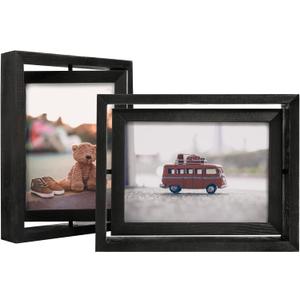 Egofine 2 Pack 5x7 Rotating Floating Picture Frames,Double-Sided Display with HD Glass Front Wooden Distressed Frame for Vertical or Horizontal Tabletop Display, Black