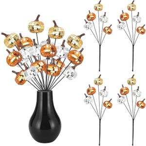20Pcs Artificial Sparkly Pumpkin Ball Decor, 14 Inch Glitter Disco Mirror Pumpkin Sticks Ornament, Christmas Table Decoration for Winter Christmas Party Table Centerpiece (Sliver+orange)