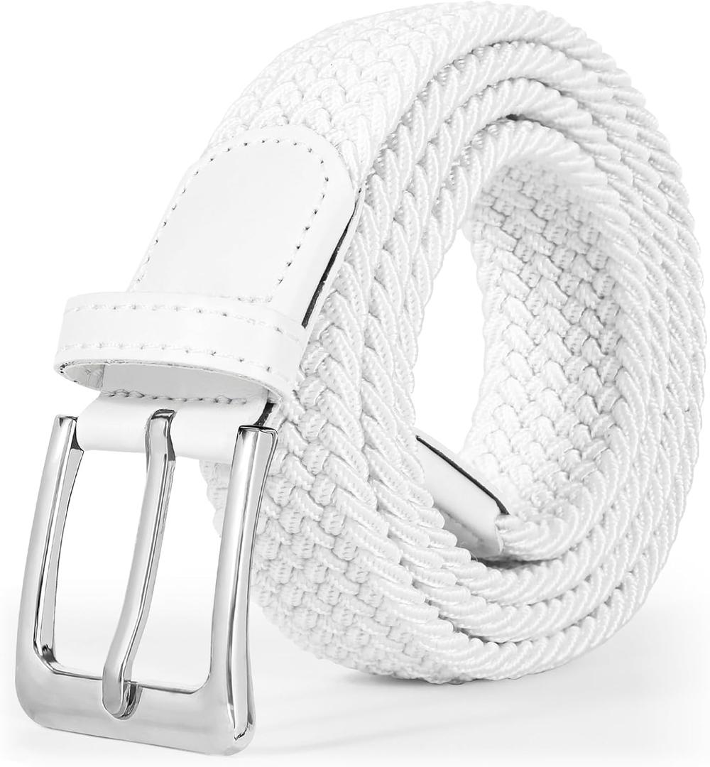 JASGOOD Women Braided Woven Elastic Stretch Belt Men White Web Casual Belt for Pants Jeans(White, Silver Buckle, Fit Pant Size 26-31inch)