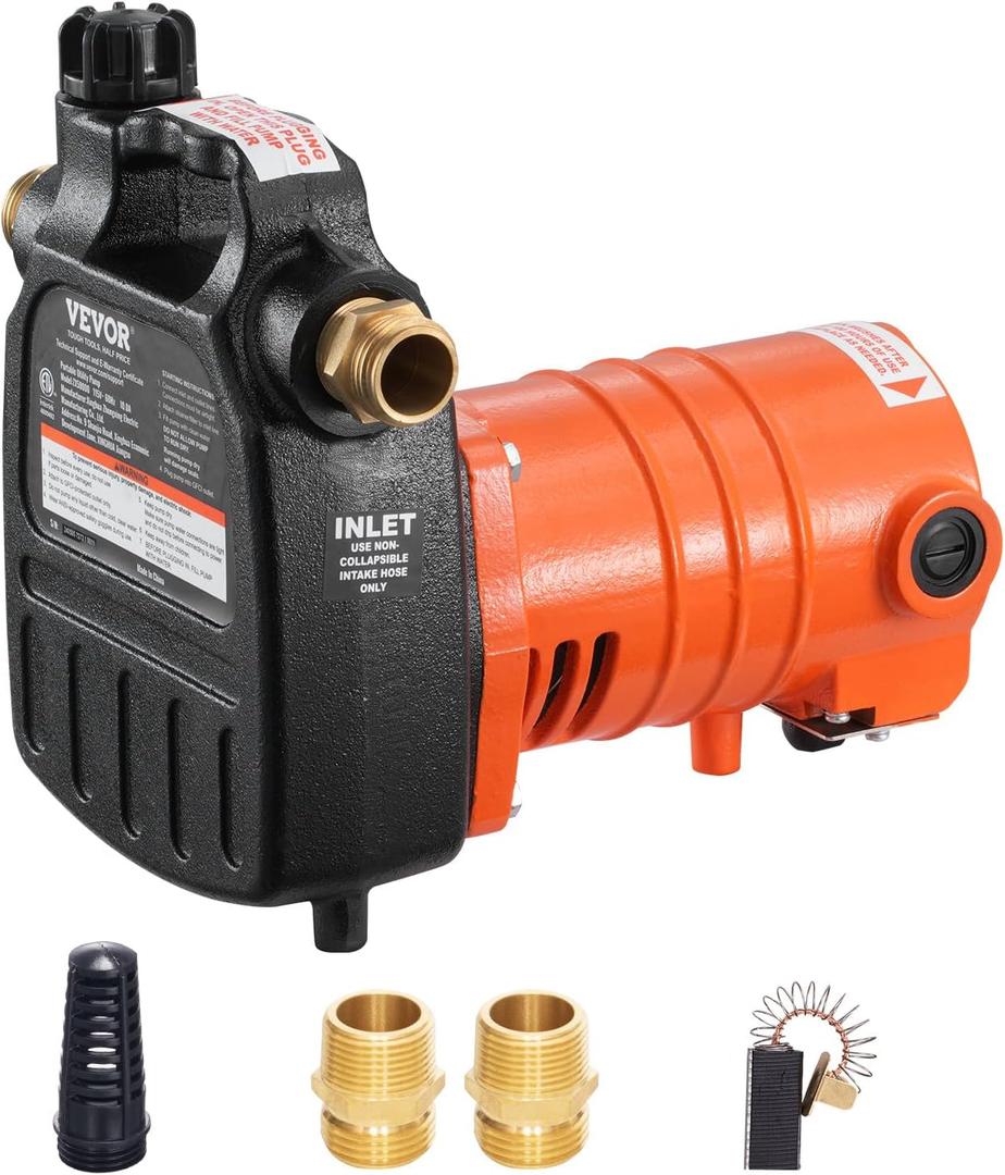 VEVOR Cast Iron Water Transfer Pump, 115V AC 1600 GPH 1/2HP, Portable Electric Utility Pump with Carbon Brush, Filter, Brass Connectors, for Garden, Rain Barrel, Pool, Pond, Hot Tub, Aquarium Draining
