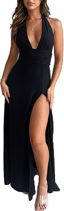 EKALIY Lowcut Sleeveless Long Dress, Black, Size XL