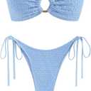ZAFUL Women's Bandeau Bikini Strapless O Ring Lace Tie Back High Cut Two Piece Swimsuit Bathing Suits (Medium, 2-blue)