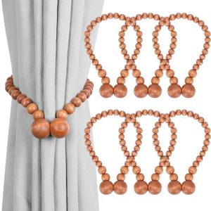 KLOGTSIND Magnetic Curtain Tiebacks, Curtain Tie Backs for Curtains 6 Pack, Wood Bead Curtain Tiebacks, Curtain Holders for Boho Bedroom Decor, Baby Nursery Decor, Farmhouse Decor (Brown)