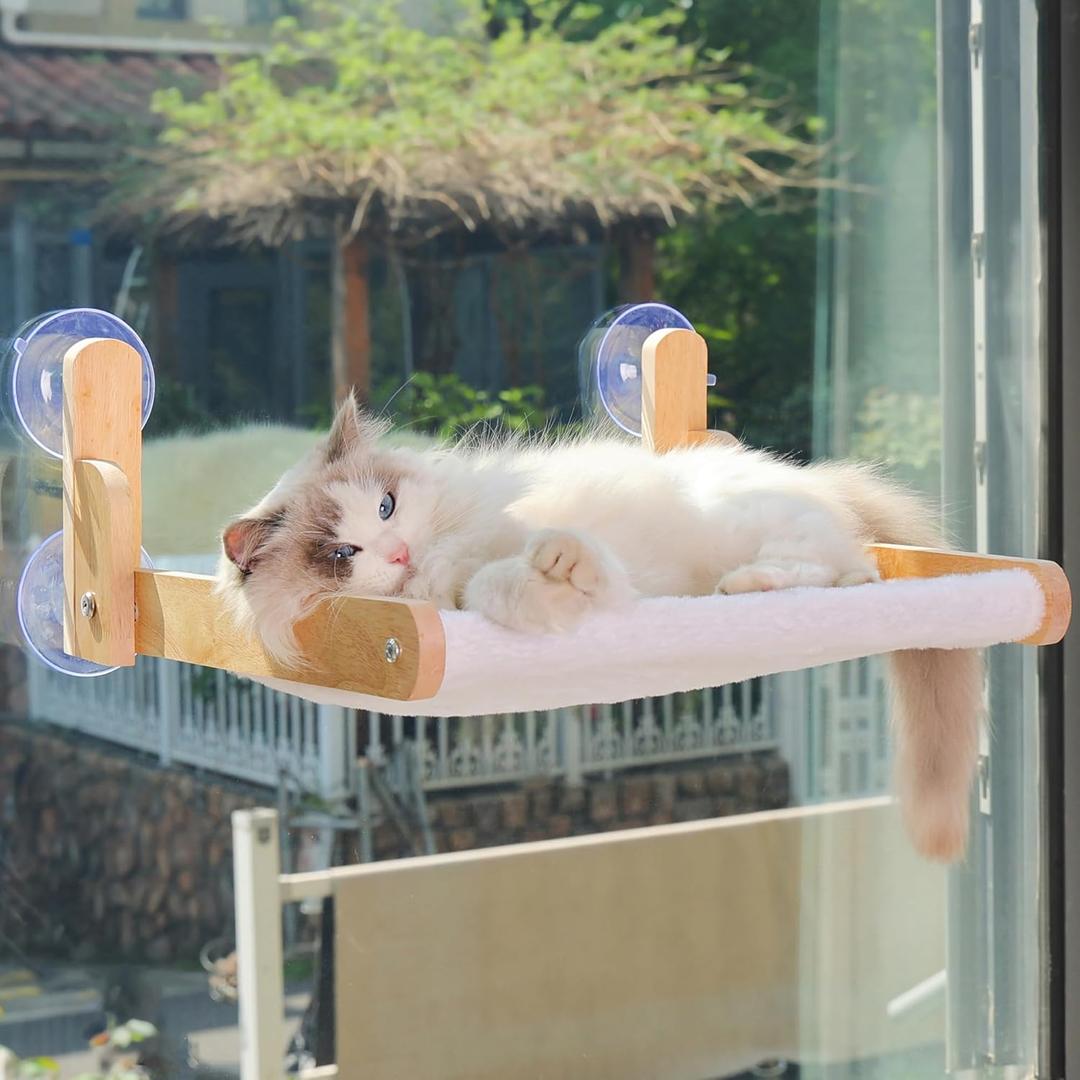 Cat Window Perch with Wooden Frame Aloxina Foldable Cat Hammock Bed for Indoor Cats, Soft Rabbit Fur Cover, Washable, Strong Suction Cups, No Drilling, Supports Large Cats