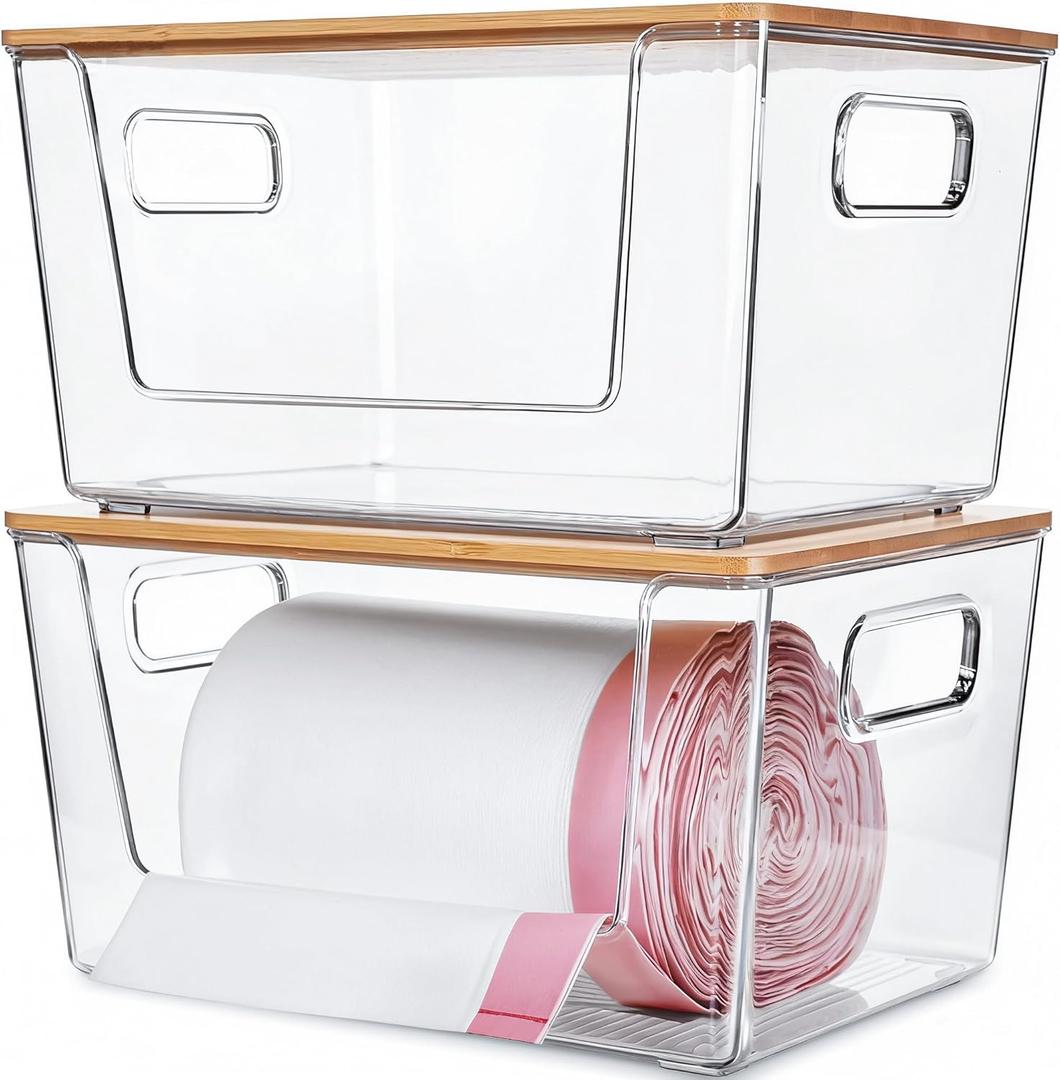 Citylife 2-Pack Extra Large Trash Bag Holders with Bamboo Tops and Handles, Laundry Room Organization and Storage for Home, Kitchen, Under-Sink Garbage Bag Dispenser