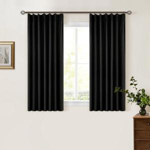 Black Pinch Pleated Linen Blackout Curtains 2 Panels for Living Room Bedroom Thermal Insulated 100% Black Out Linen Drapes with Liner Room Darkening Window Curtains 40x45, Black 