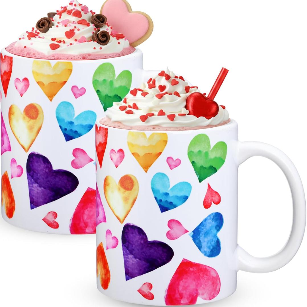Sliner 2 Pcs Valentines Day Heart Mugs Ceramic Coffee Cups 11 oz Love Couple Mug Set for Galentine's Day Anniversary Wedding Engagement Couple Gifts(Watercolor Heart)