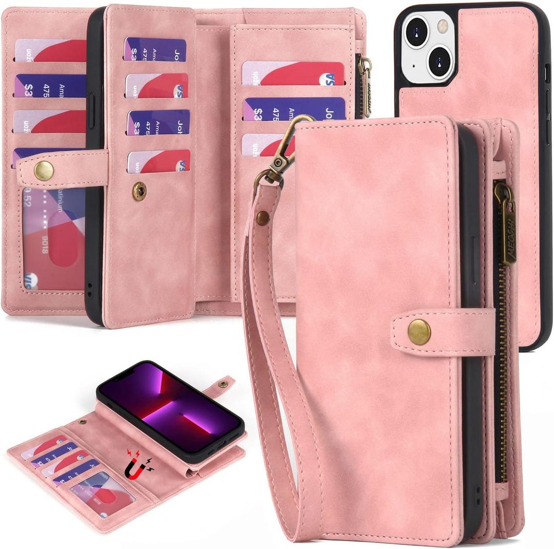 TwoHead Designed for iPhone 14 Wallet Case with Card Holder,Detachable Magnetic Phone Case with Wallet PU Leather Wallet Phone Case Wallet for Women/Men with Wrist Strap(Pink)