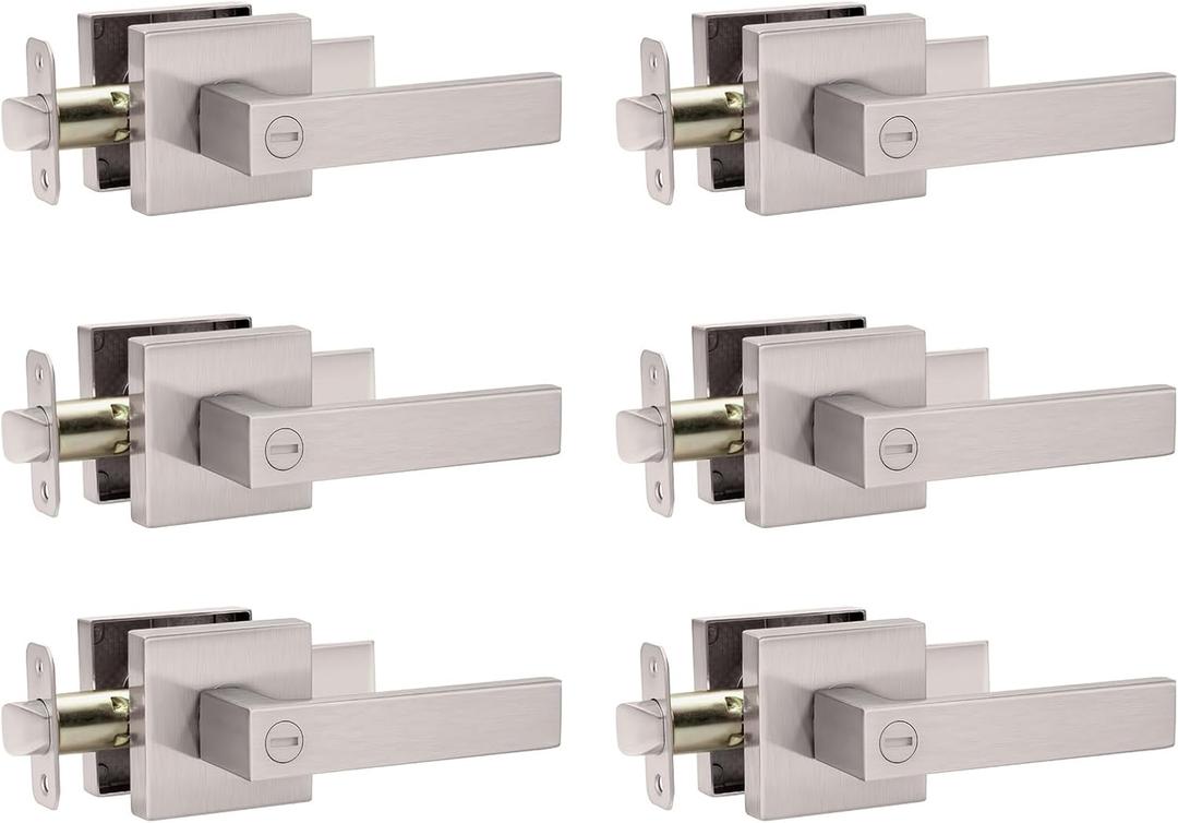 AIKKIL Interior Door Handle Satin Nickel Door Knob Keyless Levers Set (6 Pack), Heavy Duty Privacy Door Handle Lock for Bedroom or Bathroom, Square Door Lock for Left Right Handle Doors