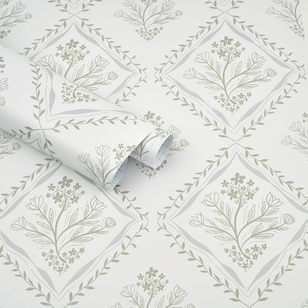 Kitico Peel and Stick Retro Bohemian Wallpaper Light Green and Beige Contact Paper Flower Detachable Waterproof Wallpaper Bathroom/Bedroom Cabinets Self Adhesive Vinyl 78.7"x17.3"