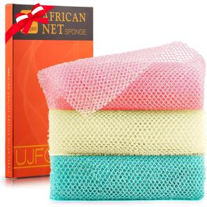 UJFQBH 3 Pieces African Net Sponge, African exfoliating net African Net Long Net Bath Sponge Exfoliating Shower Body Scrubber Back Scrubber Skin SmootherPink, Green, Off-White