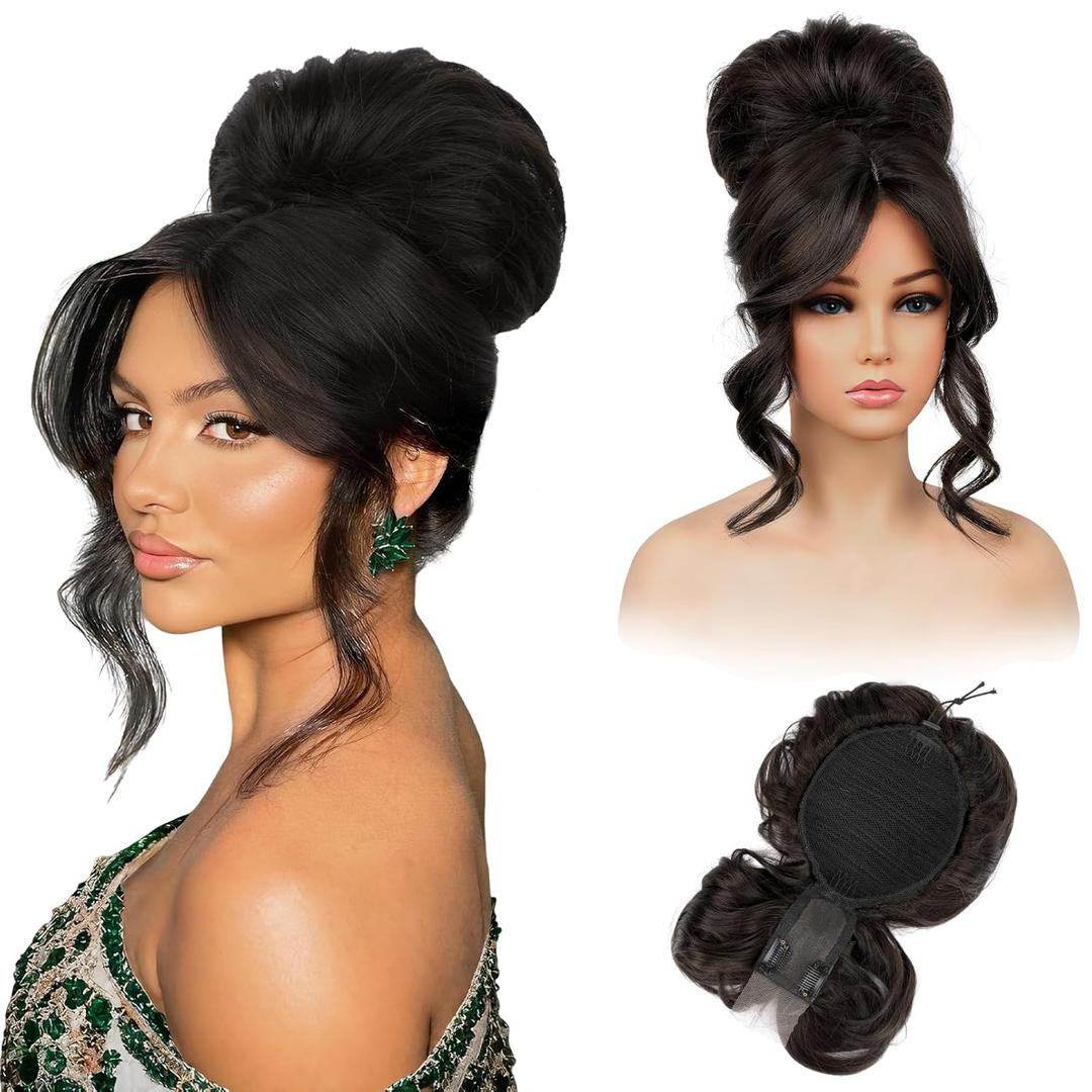 REECHO Messy Bun Hair Piece with Bangs  2-in-1 Drawstring Ponytail Extension Updo Wig & Hair Topper with Long Side Bangs, Natural-Looking Hair Bun Hairpieces for Women - Black Brown