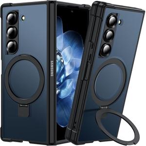 Hensinple for Samsung Galaxy Z Fold 6 Case with Ring Stand, [Compatible with MagSafe][Slim Fit], Magnetic Charing Translucent Back Shockproof Phone Case for Z Fold 6, Black