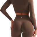 SUUKSESS Women 2 Piece Workout Sets Hidden Scrunch Hip Lifting Seamless Leggings Long Sleeve Yoga Crop Tops (Small, Brown)