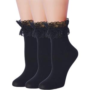 Women Lace Ruffle Socks Fashion Fancy Lovely Girl Socks 3 Pairs (Black)