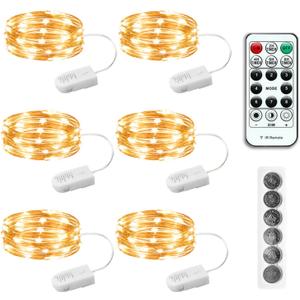 6PCS Fairy Lights Battery Powered with Remote, 7ft 20LEDs Warm White Twinkle Mini Lights with Timer, Waterproof Small Silver Wire Firefly Starry for DIY Wedding Party Christmas