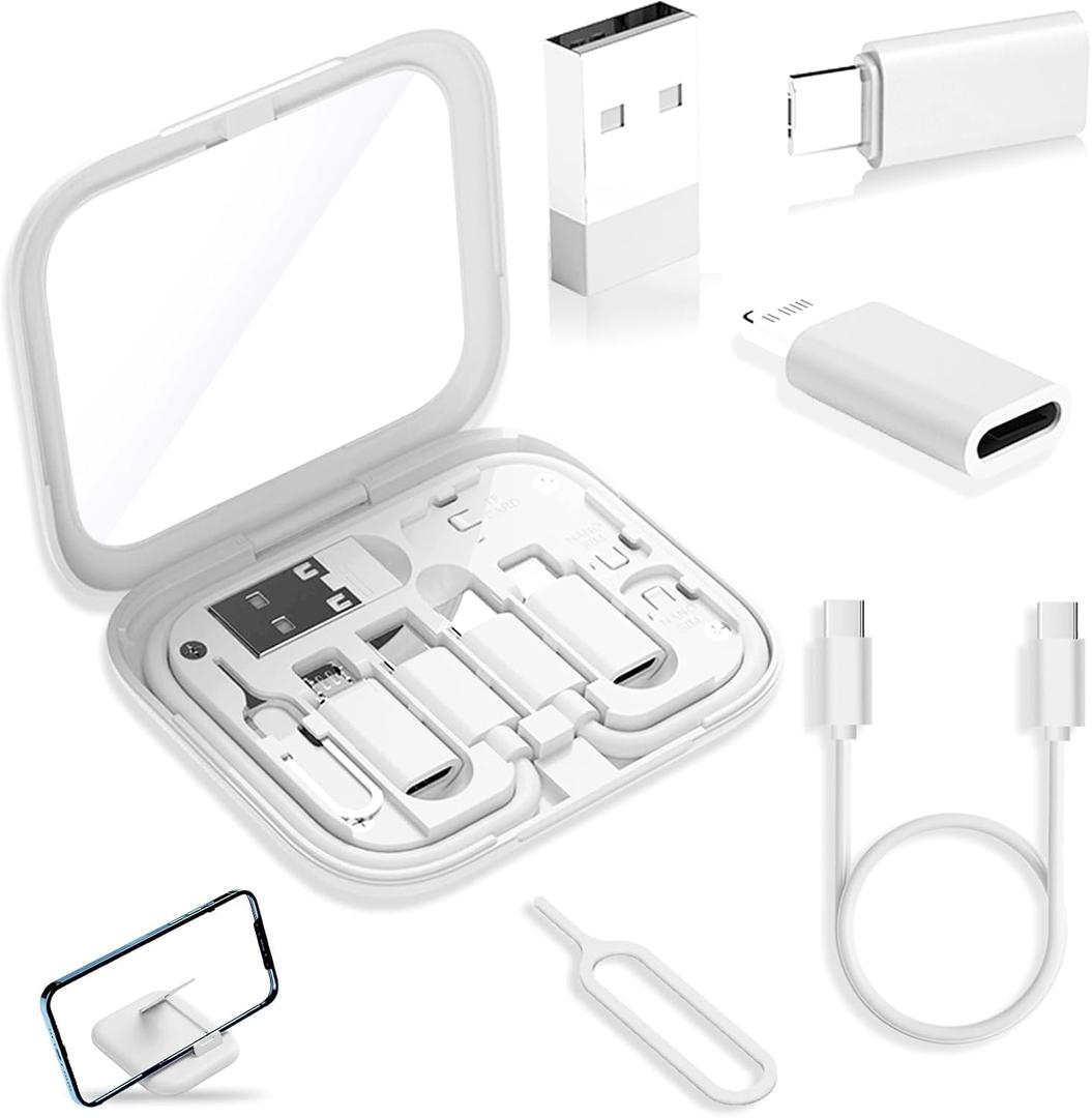 USB-C Travel Adapter Kit for iPhone, Pixel & Galaxy: USB-A to C, Micro-USB to C, Type-C to Lightning, Short USB-C Cable, OTG, Mirror Case (White)
