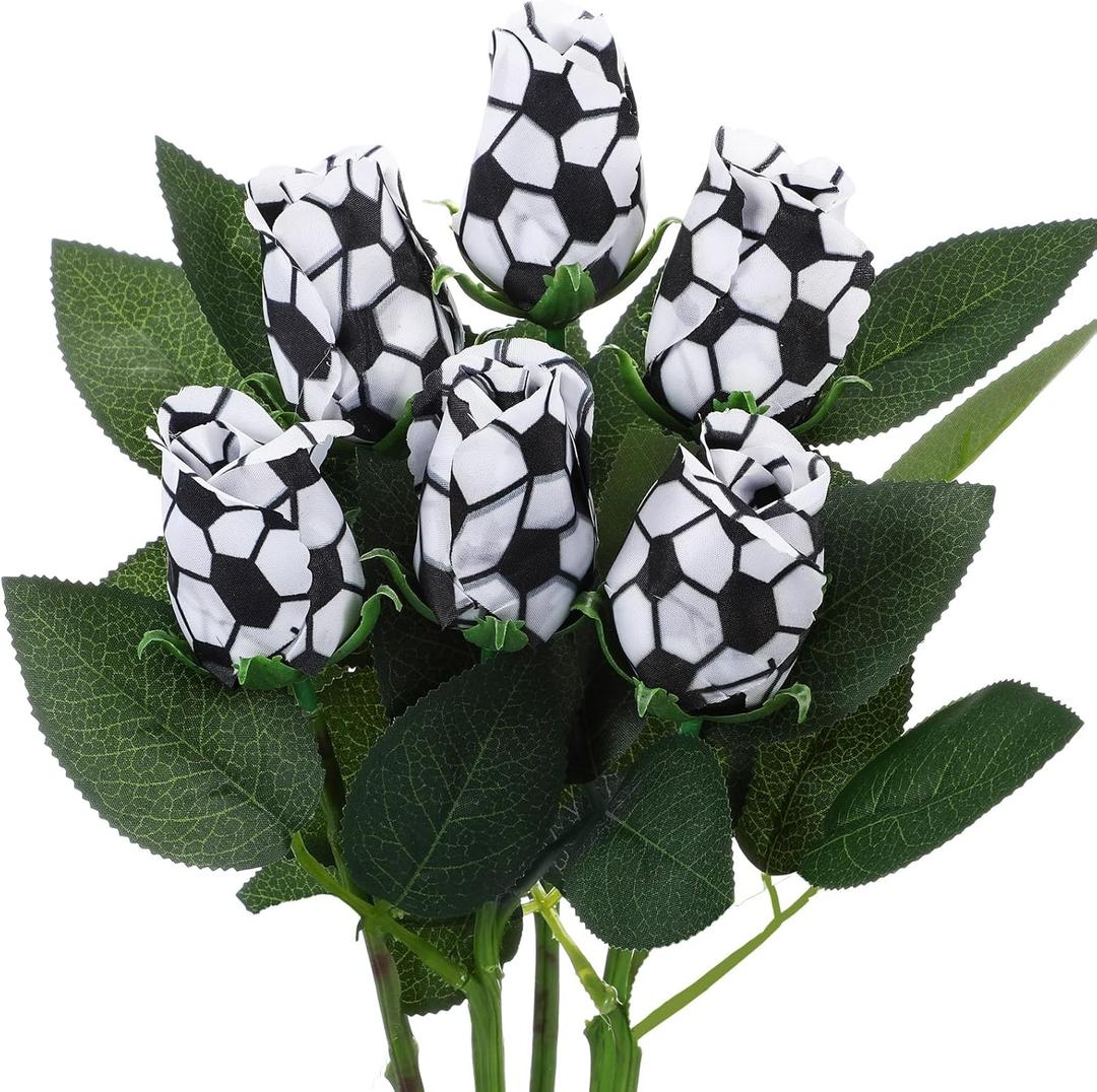 Suhine 6 Pcs Artificial Soccer Rose Flowers Sports Party Favors Bulk for Birthday Graduation Wedding Party Decorations Table Centerpieces Mom Fans Team Coach Senior Night Gift