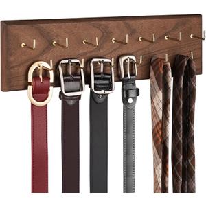 Belt Organizer - Wall Mounted Hanger for Closet, Holds Over 28 Belts - Wooden Rack with Tie and Scarf Storage (Brown)
