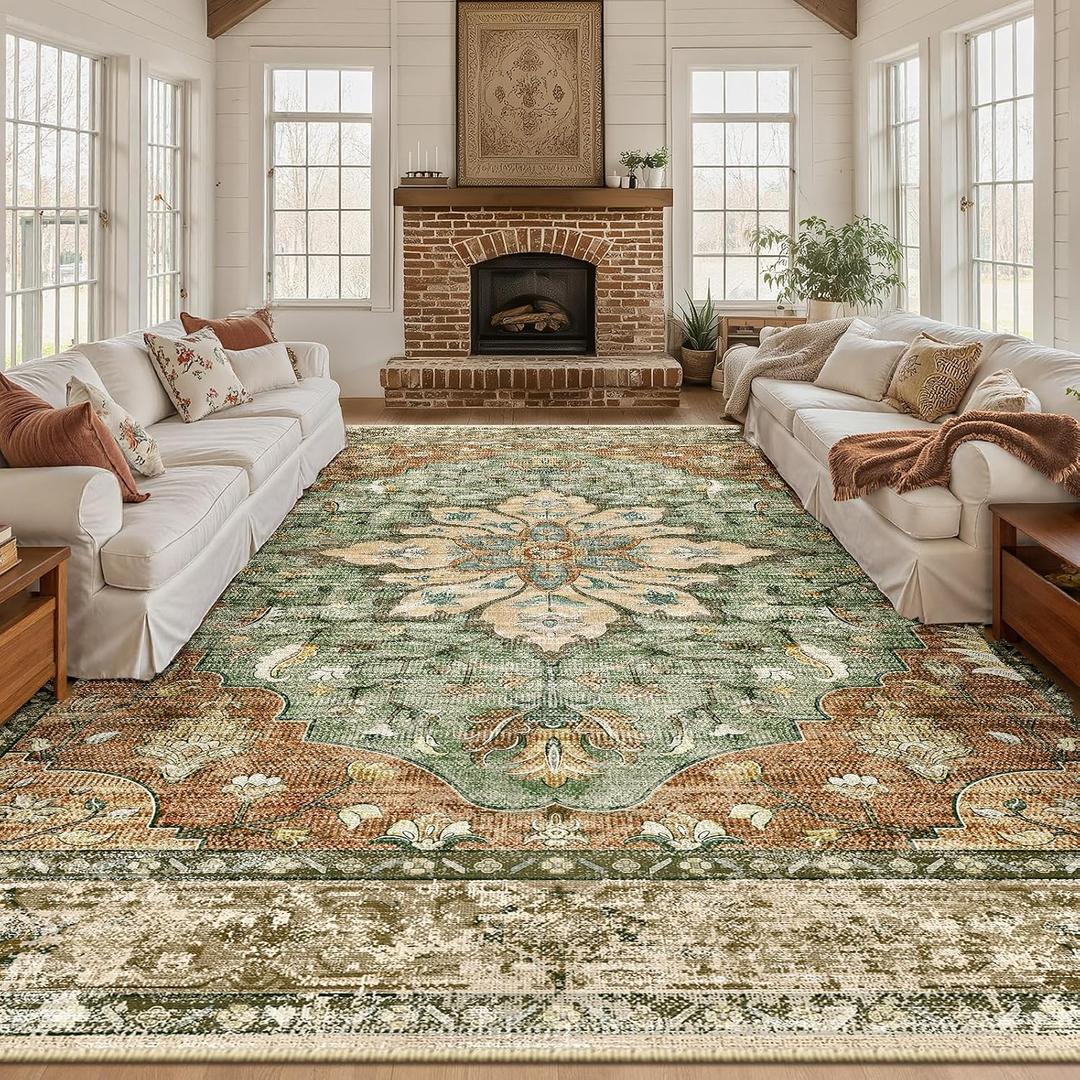 RELEANY Area Rugs 9'x12' Washable Non-Slip, Floral Vintage Distress Print Pattern Medallion Carpet for Living Room Bedroom Dining Room, Brick Red Rust Neutral Brown Burnt Orange Green