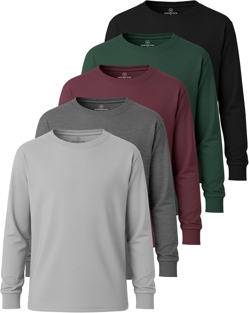 Real Essentials 5 Pack: Boys' Cotton Jersey Long Sleeve T-Shirt Uniform Kids Crew Neck Tee Top (X-Small)