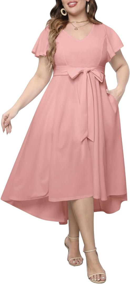 Pinup Fashion Plus Size Wedding Guest Dress Formal - Flutter Sleeve Cocktail Party High Low Dresses with Pockets (Blush Pink), 16W