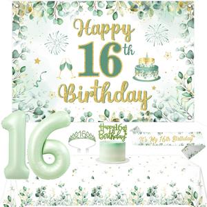 Sage Green 16th Birthday Decorations Greenery Happy Birthday Backdrop Green Leaves Olive Neutral Tablecloth Sash Crown Glitter Cake Topper 16 Foil Balloon Kit for Girls 16th Bday Party Supplies